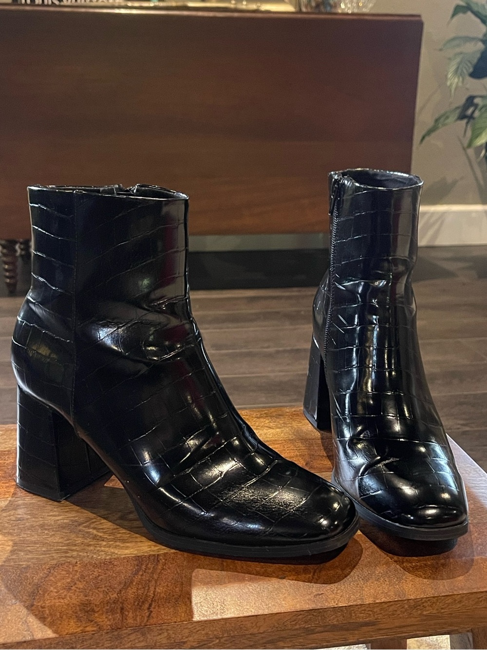 Black Croc-Embossed Block Heel Ankle Boots